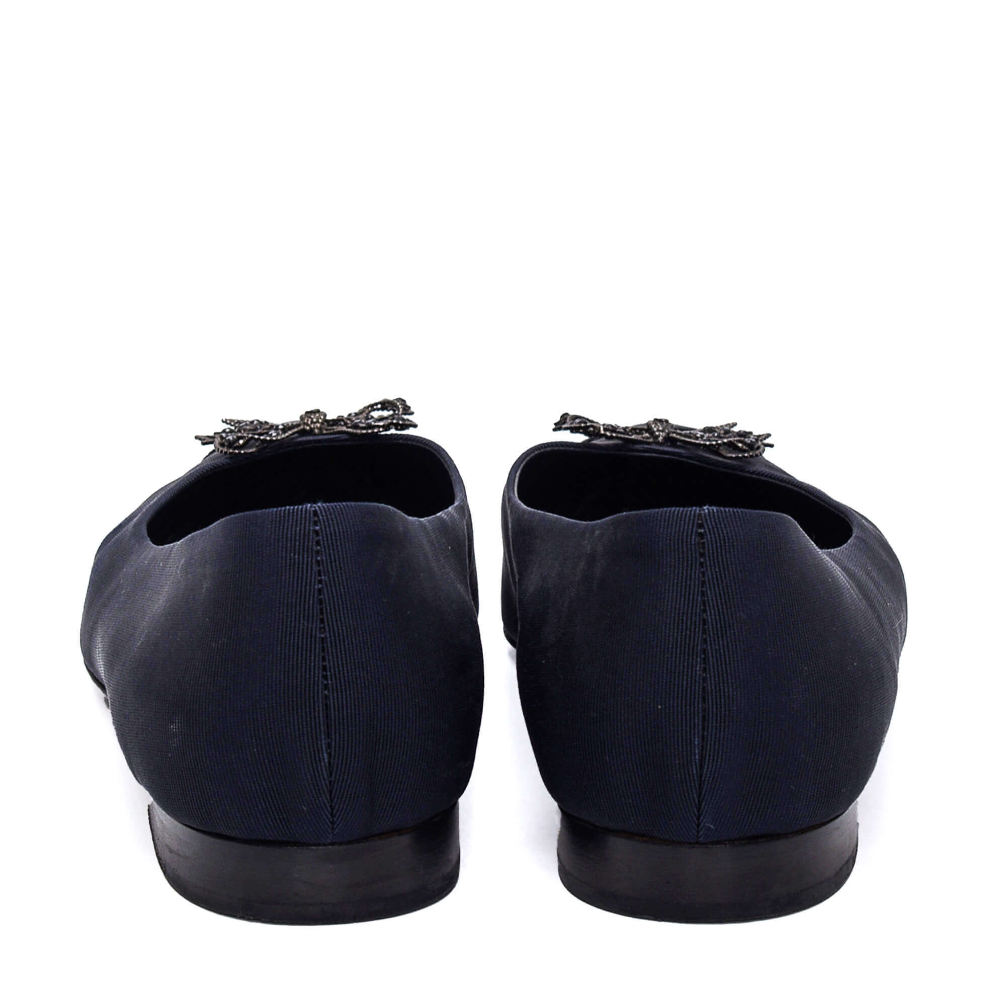 Chanel - Navy Canvas Metal Bow and Black Cap Toe Detail Ballerinas